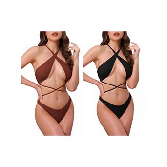 2 Sets Women's Criss Cross Ribbed Knit Bikini Sets, 2 pc Strappy Top Triangle Bottom Swimsuits Sets
