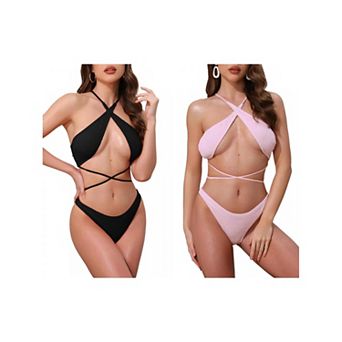 2 Sets Women's Criss Cross Ribbed Knit Bikini Sets, 2 pc Strappy Top Triangle Bottom Swimsuits Sets