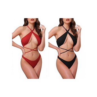 2 Sets Women's Criss Cross Ribbed Knit Bikini Sets, 2 pc Strappy Top Triangle Bottom Swimsuits Sets