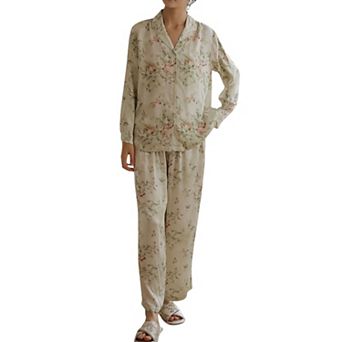 Women's Woven Floral Long Sleeve Button Down Pajama Set with Wide Leg Pants and Relaxed Fit