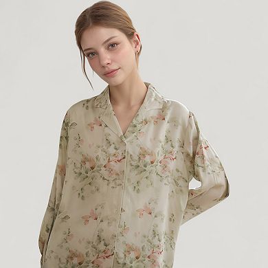 Women's Woven Floral Long Sleeve Button Down Pajama Set with Wide Leg Pants and Relaxed Fit