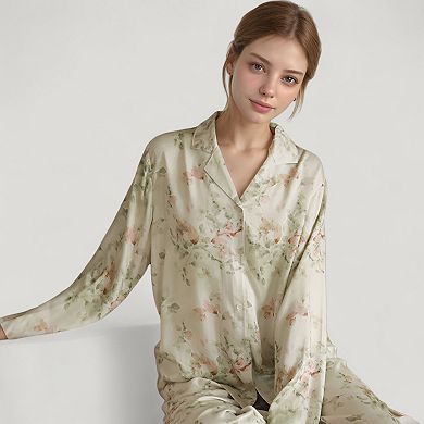Women's Woven Floral Long Sleeve Button Down Pajama Set with Wide Leg Pants and Relaxed Fit
