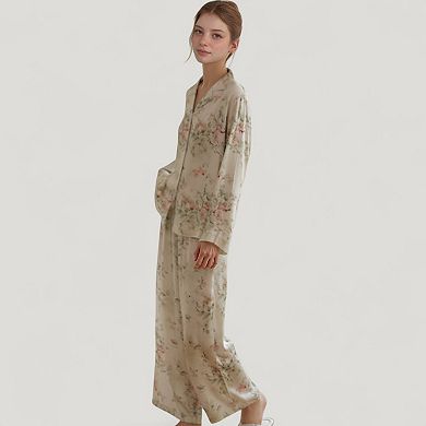 Women's Woven Floral Long Sleeve Button Down Pajama Set with Wide Leg Pants and Relaxed Fit