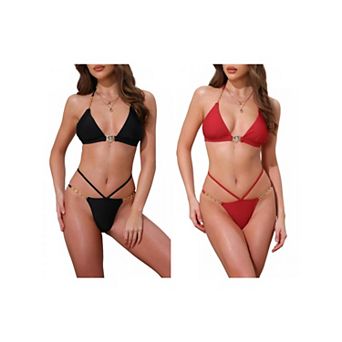 2 Sets Women's Heart Rhinestones Chain Linked Bikini Sets, 2 pc Halter Top Triangle Bottoms Swimwear
