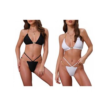 2 Sets Women's Heart Rhinestones Chain Linked Bikini Sets, 2 pc Halter Top Triangle Bottoms Swimwear