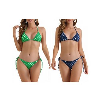 2 Sets Women's Polka Dots Halter Bikini Sets, 2 pc Double Tie Back Triangle Bottoms Swimwear