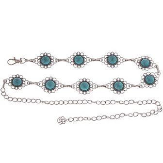 Women's Waist Chain Belt with Floral Links and Turquoise Stone Accents