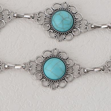 Women's Waist Chain Belt with Floral Links and Turquoise Stone Accents