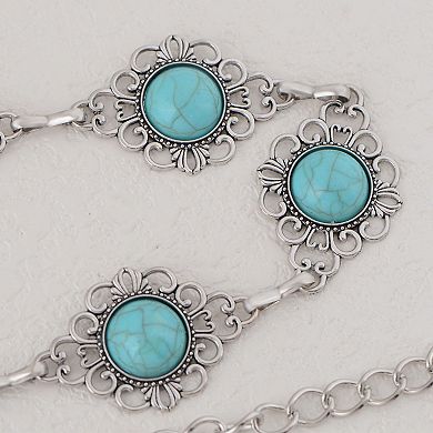Women's Waist Chain Belt with Floral Links and Turquoise Stone Accents