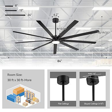 84-Inch Ceiling Fan with LED Light, Dual-Color Reversible Blades, Includes 8/12/24-Inch Downrods