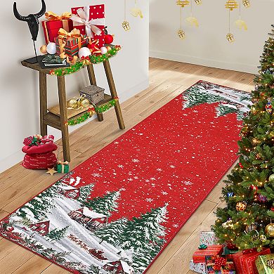 Christmas Area Rugs, Christmas Tree Santa Claus Traditions Runner Rug Washable Carpet Holiday Decor