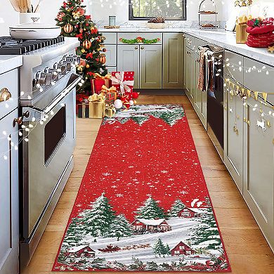 Christmas Area Rugs, Christmas Tree Santa Claus Traditions Runner Rug Washable Carpet Holiday Decor