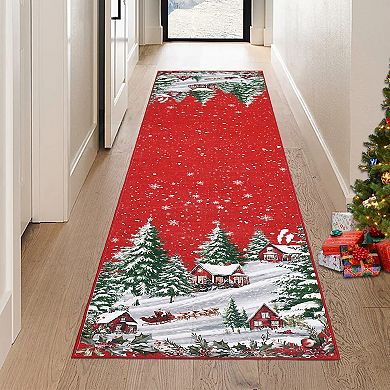 Christmas Area Rugs, Christmas Tree Santa Claus Traditions Runner Rug Washable Carpet Holiday Decor