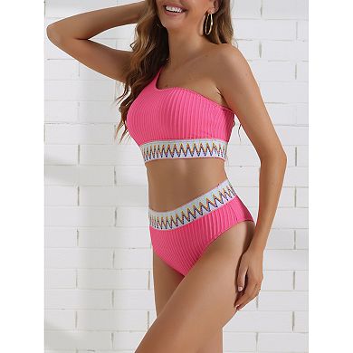 2 Sets Women's Ribbed One Shoulder Bikini Sets, 2 Piece High Waist Color Braided Trim Swimwear Suits