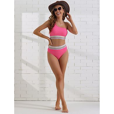 2 Sets Women's Ribbed One Shoulder Bikini Sets, 2 Piece High Waist Color Braided Trim Swimwear Suits