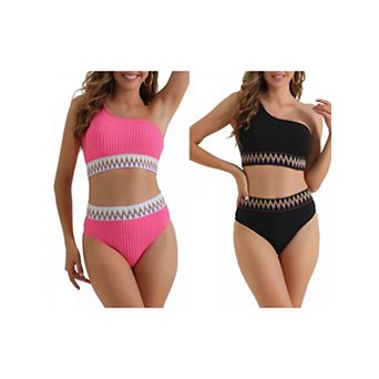 2 Sets Women's Ribbed One Shoulder Bikini Sets, 2 pc High Waist Color Braided Trim Swimwear Suits