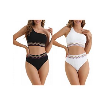 2 Sets Women's Ribbed One Shoulder Bikini Sets, 2 pc High Waist Color Braided Trim Swimwear Suits