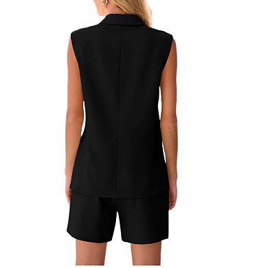 Women's Blazer Vest Shorts Sets Lapel Neck Casual Sleeveless Button Down Office 2 Piece Lounge Sets