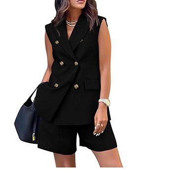 Women's Blazer Vest Shorts Sets Lapel Neck Casual Sleeveless Button Down Office 2 pc Lounge Sets