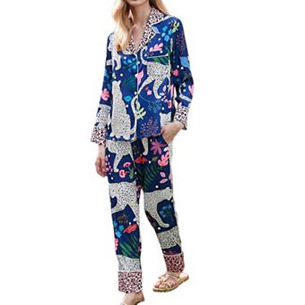 Women's Satin Leopard and Botanical Print Pajama Set with Long Sleeve Shirt and Relaxed Fit Pants