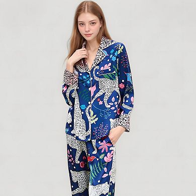 Women's Satin Leopard and Botanical Print Pajama Set with Long Sleeve Shirt and Relaxed Fit Pants