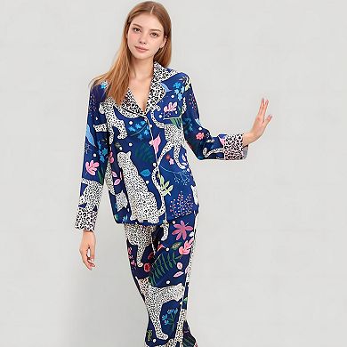 Women's Satin Leopard and Botanical Print Pajama Set with Long Sleeve Shirt and Relaxed Fit Pants