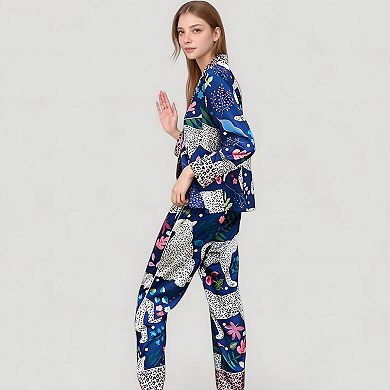 Women's Satin Leopard and Botanical Print Pajama Set with Long Sleeve Shirt and Relaxed Fit Pants