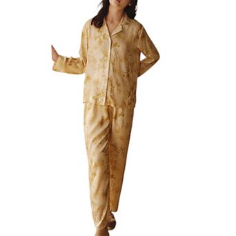Women's Satin Pajama Set with Golden Botanical Print Long Sleeve Button Up Top and Relaxed Fit Pants
