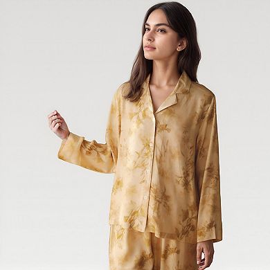 Women's Satin Pajama Set with Golden Botanical Print Long Sleeve Button Up Top and Relaxed Fit Pants