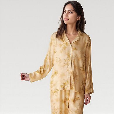 Women's Satin Pajama Set with Golden Botanical Print Long Sleeve Button Up Top and Relaxed Fit Pants
