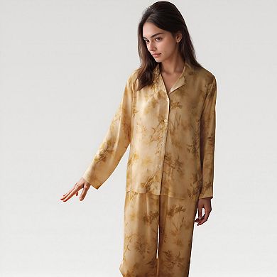 Women's Satin Pajama Set with Golden Botanical Print Long Sleeve Button Up Top and Relaxed Fit Pants