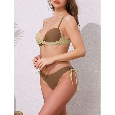 2 Sets Women's Contrast Color Bikini Sets, 2 Pcs Strappy Top Tie Size Triangle Bottoms Swimwear