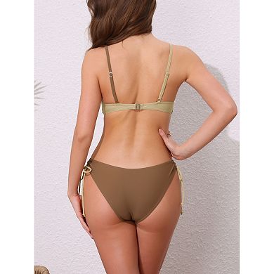 2 Sets Women's Contrast Color Bikini Sets, 2 Pcs Strappy Top Tie Size Triangle Bottoms Swimwear