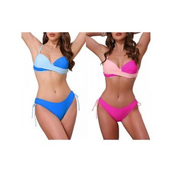 2 Sets Women's Contrast Color Bikini Sets, 2 pc Strappy Top Tie Size Triangle Bottoms Swimwear