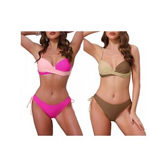 2 Sets Women's Contrast Color Bikini Sets, 2 pc Strappy Top Tie Size Triangle Bottoms Swimwear