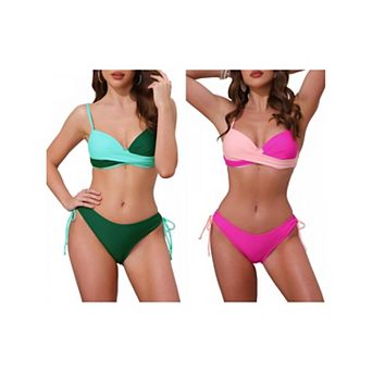 2 Sets Women's Contrast Color Bikini Sets, 2 pc Strappy Top Tie Size Triangle Bottoms Swimwear