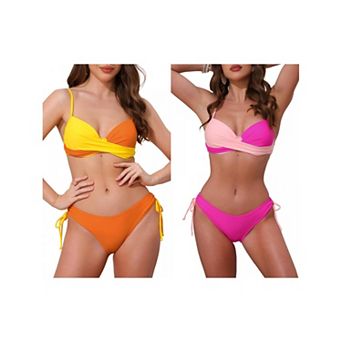 2 Sets Women's Contrast Color Bikini Sets, 2 pc Strappy Top Tie Size Triangle Bottoms Swimwear