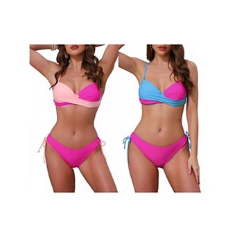 2 Sets Women's Contrast Color Bikini Sets, 2 pc Strappy Top Tie Size Triangle Bottoms Swimwear