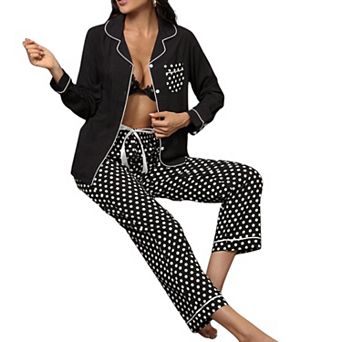 Women's Polka Dot Pajama Set with Long Sleeve Button Top and Elastic Waist Pants