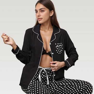 Women's Polka Dot Pajama Set with Long Sleeve Button Top and Elastic Waist Pants