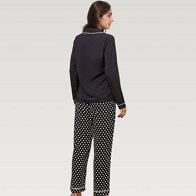 Women's Polka Dot Pajama Set with Long Sleeve Button Top and Elastic Waist Pants
