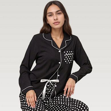 Women's Polka Dot Pajama Set with Long Sleeve Button Top and Elastic Waist Pants