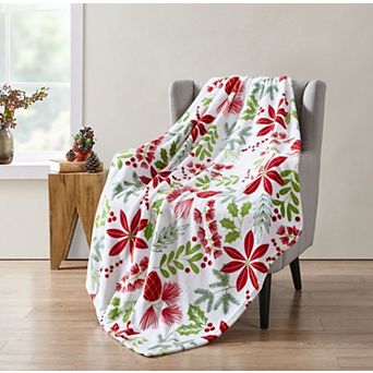 Kate Aurora Holiday Living Christmas Floral Poinsettia and Ferns Ultra Soft and Plush Throw Blanket