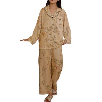 Women's Ruffle Collar Floral Print Woven Pajama Set with Long Sleeve Button Top and Relaxed Pants