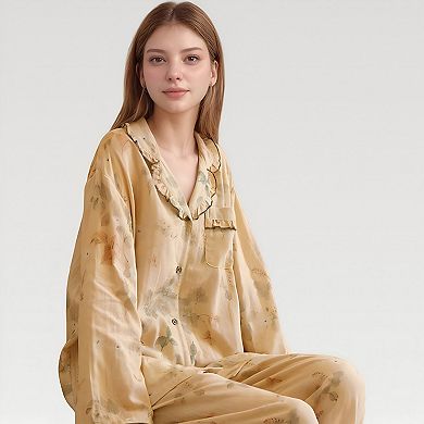 Women's Ruffle Collar Floral Print Woven Pajama Set with Long Sleeve Button Top and Relaxed Pants