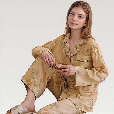Women's Ruffle Collar Floral Print Woven Pajama Set with Long Sleeve Button Top and Relaxed Pants