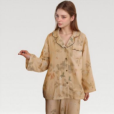 Women's Ruffle Collar Floral Print Woven Pajama Set with Long Sleeve Button Top and Relaxed Pants
