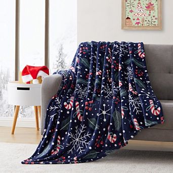 Kate Aurora Holiday Living Christmas Candy Canes and Snowflakes Navy Accent Throw Blanket