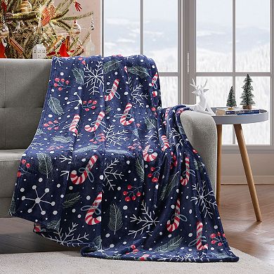 Kate Aurora Holiday Living Christmas Candy Canes and Snowflakes Navy Accent Throw Blanket