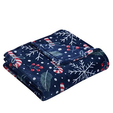 Kate Aurora Holiday Living Christmas Candy Canes and Snowflakes Navy Accent Throw Blanket